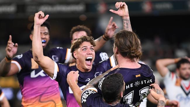 Reece Walsh and Patrick Carrigan celebrate. Picture: NRL Photos