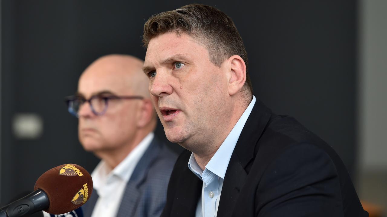 Hawthorn CEO Justin Reeves and Peter Nankivell speak to media at a press conference. Picture: Nicki Connolly