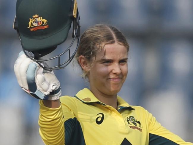 MUMBAI, INDIA - JANUARY 2: Phoebe Litchfield of Australia celebrates after scoring a hundred during the women's One Day International Match between India and Australia at Wankhede Stadium on January 2, 2024 in Mumbai, India. (Photo by Pankaj Nangia/Getty Images)