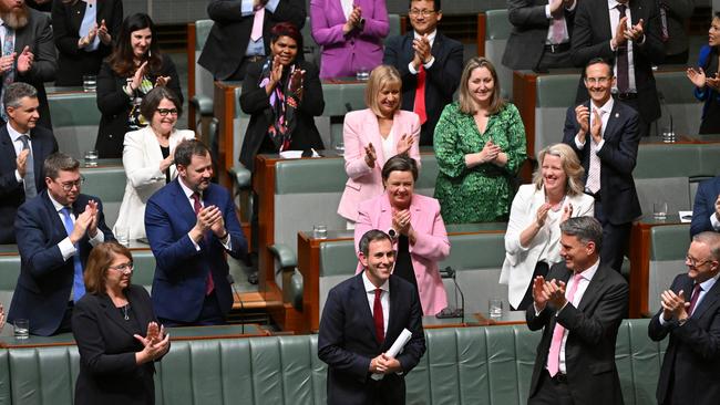 Treasurer Jim Chalmers is applauded after he delivered the Albanese government's first budget in the House of Representatives at Parliament House in October 2022. Picture: AAP Image/Mick Tsikas