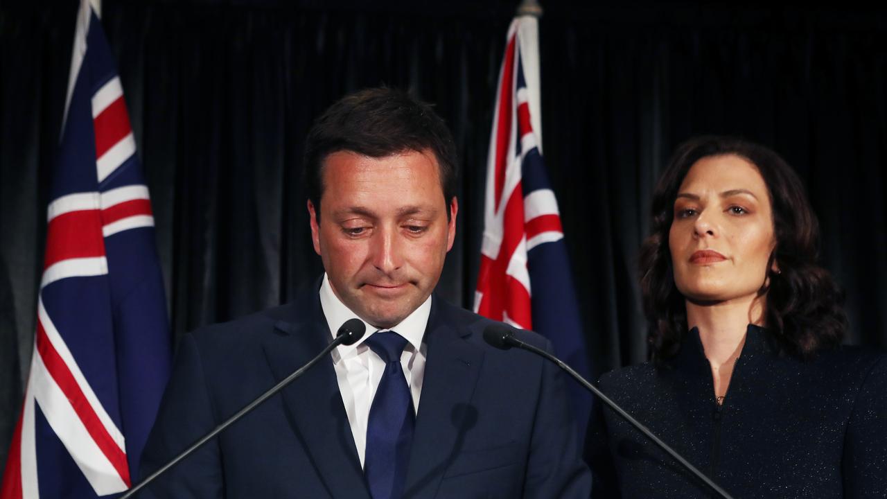 Victorian Liberal party leader Matthew Guy and wife Renae announce defeat on Saturday night. Picture: David Crosling/AAP