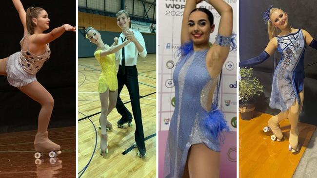 We present some of Queensland's best artistic rollerskating talent. Left to right: Kya Michal Bax, Harper Connors and Oscar White, Sophia Garufo and Georgia Hammond.