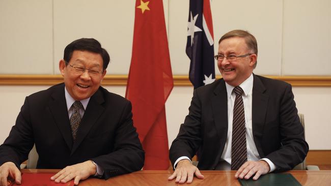 Then-Infrastructure Minister Anthony Albanese and Chinese Commerce Minister Chen Deming sign a Memorandum of Understanding on infrastructure construction at Parliament House in Canberra in 2012.