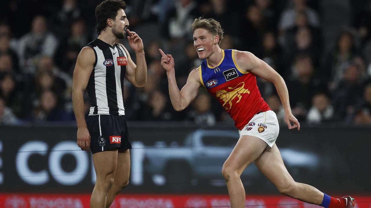 MELBOURNE, AUSTRALIA - AUGUST 18: Jaspa Fletcher of the Lions celebrates kicking a goal during the round 23 AFL match between Collingwood Magpies and Brisbane Lions at Marvel Stadium, on August 18, 2023, in Melbourne, Australia. (Photo by Daniel Pockett/Getty Images)