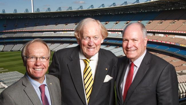 Ron Walker with Comm Games bosses Peter Beattie and Mark Peters at the MCG. Picture: Mark Stewart