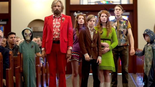 Viggo Mortensen as Ben Cash, with his six children, in Captain Fantastic. Picture: Bleecker Street.