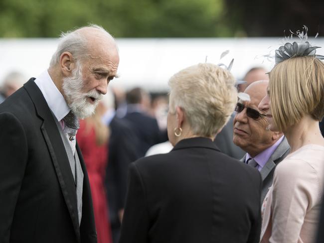 Prince Michael of Kent talks to guests during a garden party at Buckingham Palace on May 16, 2017 in London, England. Picture: Getty