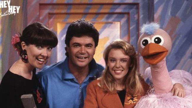 Jacki Macdonald and Daryl Somers with Kylie Minogue and Ossie Ostrich on Hey Hey It's Saturday.