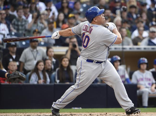 SAN DIEGO, CALIFORNIA - MAY 7: Bartolo Colon #40 of the New York Mets hits a two-home run during the second inning of a baseball game against the San Diego Padres at PETCO Park on May 7, 2016 in San Diego, California. Denis Poroy/Getty Images/AFP == FOR NEWSPAPERS, INTERNET, TELCOS & TELEVISION USE ONLY ==