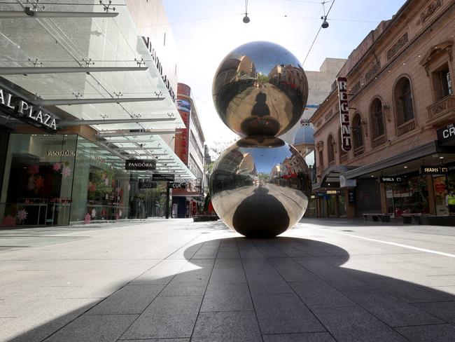 The iconic “Spheres” in a virtually deserted Rundle Mall on Thursday. Picture: NCA NewsWire / Kelly Barnes