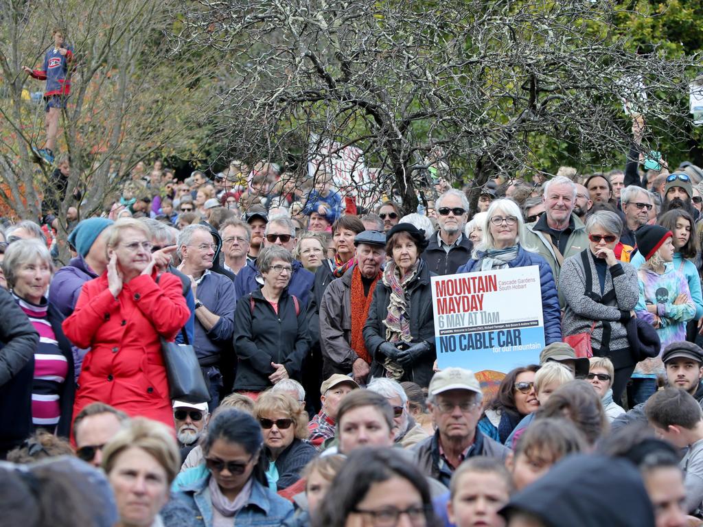 Thousands gathered for the Mountain Mayday Rally at the Cascade Gardens in South Hobart. Picture: PATRICK GEE