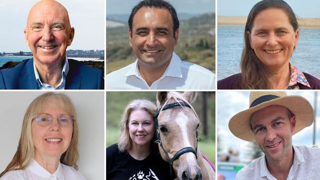 Six of the candidates standing for the seat of Coffs Harbour at the 2023 NSW state election. Clockwise from top left: Tony Judge, Gurmesh Singh, Sally Townley, Tim Knott, Kellie Pearce and Ruth Cully.