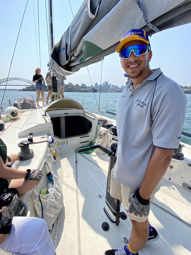 Xavier Doerr, 18, on the Active Again yacht in the 2019 Sydney To Hobart race.