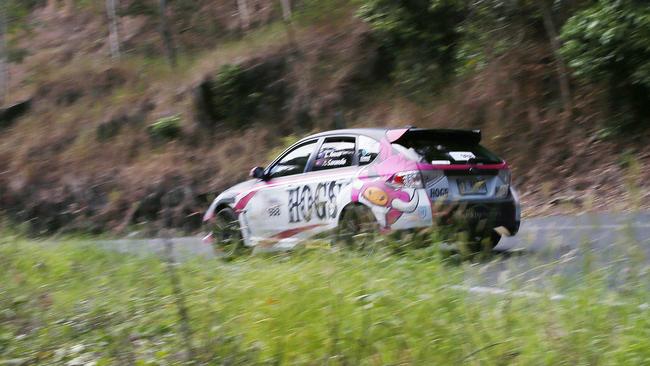 Luke Anear and Andy Sarandis compete in the Kuranda Range stage of the Targa Great Barrier Reef tarmac rally in their Subaru WRX STI. Picture: Brendan Radke