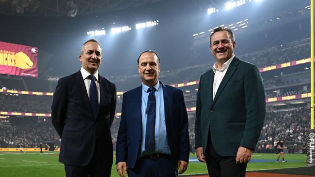 NRL CEO Andrew Abdo, ARL chairman Peter V’Landys and Minister for Sport Steve Kamper at Allegiant Stadium in Las Vegas