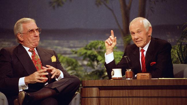 Talk show host Johnny Carson, right, with the show's announcer Ed McMahon during the final taping of the "Tonight Show".