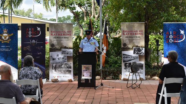 Senior Australian Defence Force Officer RAAF Base Tindal Wing Commander Shane Smith speaking at the commemoration ceremony today for the 79th anniversary of the Bombing of Katherine. Picture: Katherine Town Council