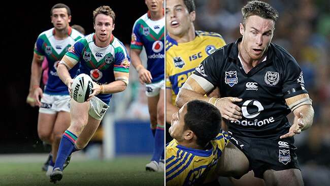 James Maloney pictured wearing two of the Warriors 127 jerseys from the last five years.