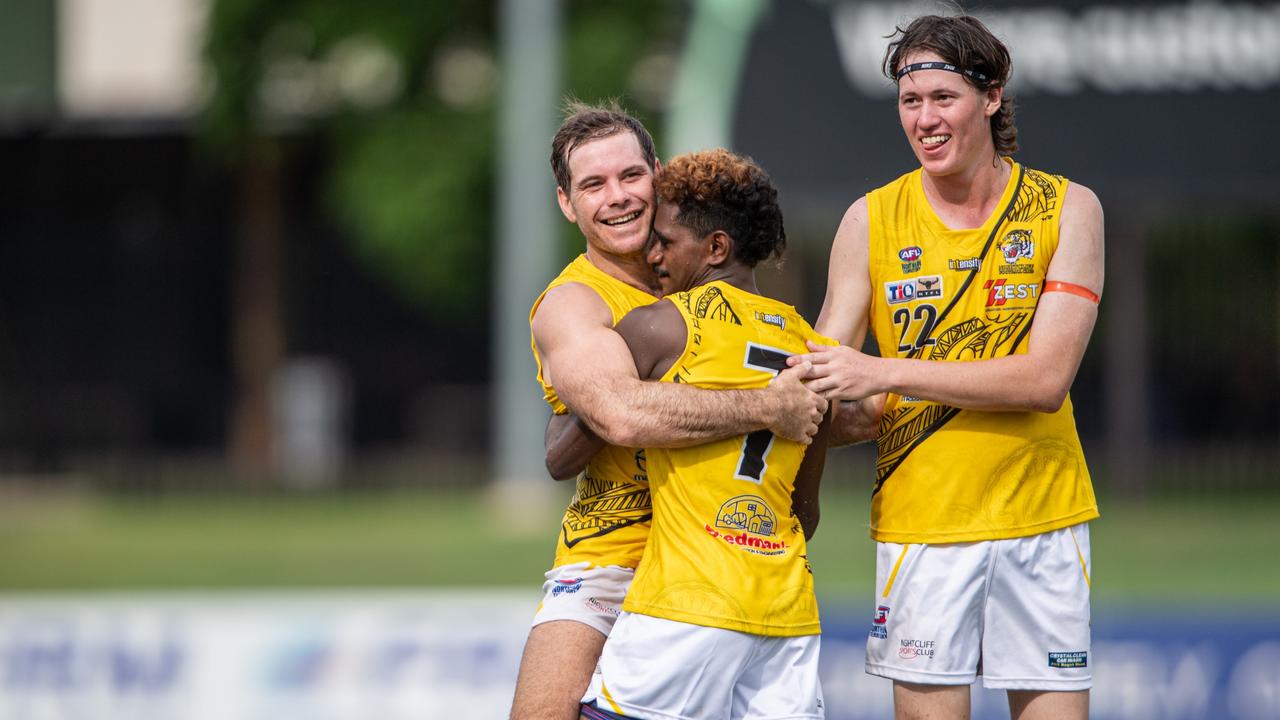 Tristan Singh Lippo and Brodie Filo celebrate a goal for Nightcliff against St Mary's in Round 10 of the 2023-24 NTFL season. Picture: Pema Tamang Pakhrin