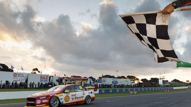 A supplied image of Fabian Coulthard of DJR Team Penske winning the race 1 of the WD-40 Phillip Island 500, at the Phillip Island Grand Prix Circuit, Phillip Island, Victoria, Saturday, April 22, 2017. (AAP Image/Mark Horsburgh) NO ARCHIVING, EDITORIAL USE ONLY