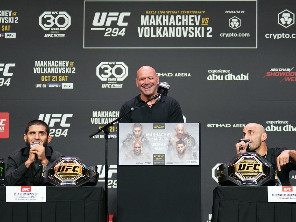 Volkanovski hits back at Makhachev during their presser. Picture: Chris Unger/Zuffa LLC via Getty Images