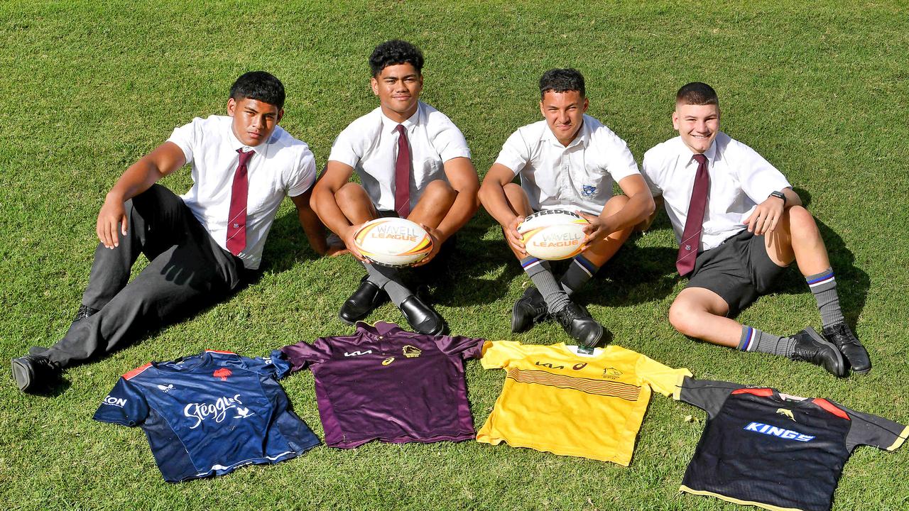 Wavell SHS schoolmates Peter Benjamin Uini (2023) Karl Oloapu (2022) Jared Horne (2025) and Charlie Dickson (2024) earlier in their school live with their original NRL contracted jerseys. Oloapu is now with the Bulldogs.