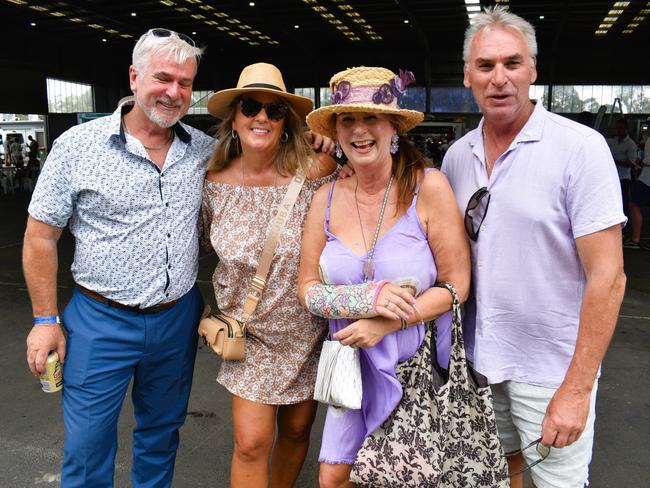 Shane Kent, Sally Kent, Shaz Swayn and Mark Swayn enjoying all the action at the Ladbrokes Cranbourne Cup on Saturday, November 23, 2024. Picture: Jack Colantuono