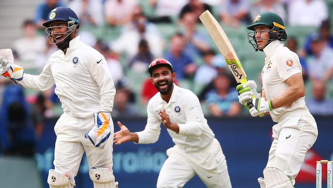 Indian wicketkeeper Rishabh Pant celebrates the wicket of Tim Paine. Picture: Getty Images