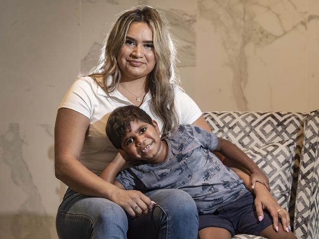 Allira Davis, young Indigenous lawyer behind a youth movement in favour of the Uluru Statement from the Heart ... with her young 5 year old brother Walter Scales.Photo by Brian Cassey