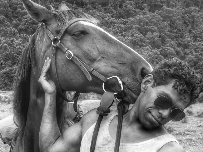 Cook with horse Ella in a behind-the-scenes picture while filming The Flood in 2019. Picture: Supplied