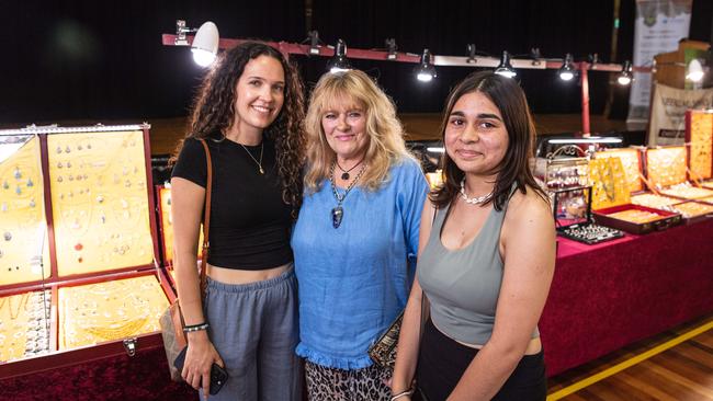 At Gemfest are (from left) Tikea Slater, Sandra Campbell and Allira Levy hosted by Toowoomba Lapidary Club at Centenary Heights State High School, Saturday, October 19, 2024. Picture: Kevin Farmer