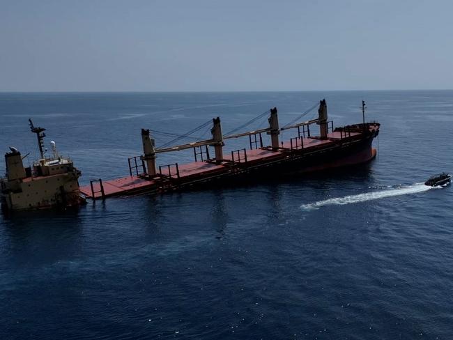 The Rubymar cargo ship was damaged in a missile strike on February 25 claimed by the Iran-backed Huthi rebels. Picture: AL-JOUMHOURIYA TV / AFP