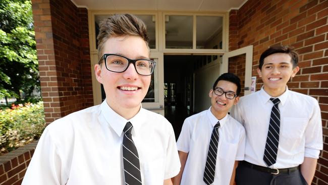 Edward Zaczek, Thai Thippawan and Logan Tuara after completing their first HSC Exam at Ashfield Boys High. Picture: Craig Greenhill