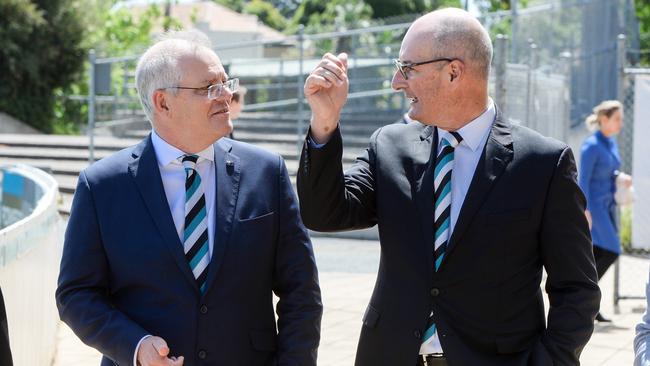 Prime Minister Scott Morrison visiting Alberton Oval with Port Adelaide Chairman David Koch. Picture: Brenton Edwards