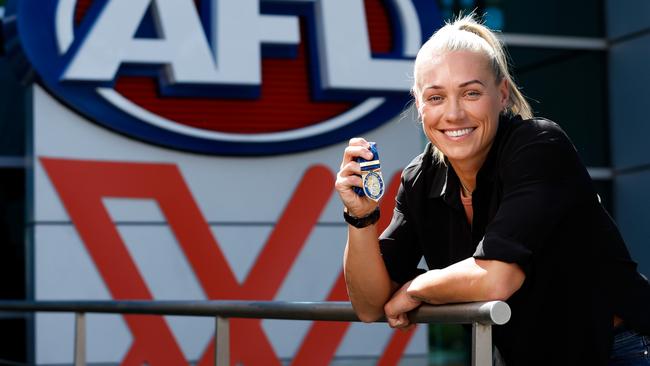 AFLW champion Erin Phillips poses for a photo during the 2023 NAB AFLW Finals Series Launch at AFL House in Melbourne. Picture: Dylan Burns/AFL Photos via Getty Images