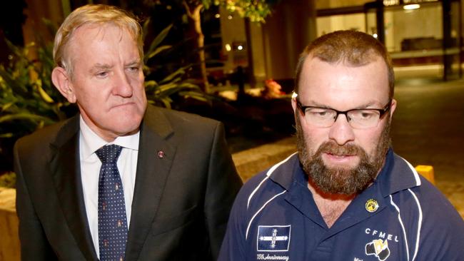 Ian Macfarlane from the Queensland Resources Council with Stephen Smyth from the CFMEU. Picture: AAP/Steve Pohlner