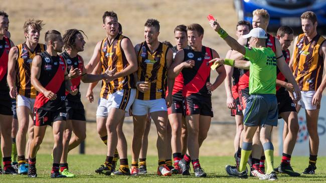 Tempers flared at the Tea Tree Gully and Modbury match at Banksia Park. Picture: MATT LOXTON