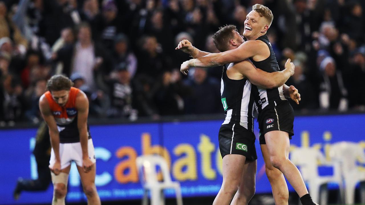 Adam Treloar celebrates after Collingwood’s 2018 semi final win over GWS. Photo: Phil Hillyard