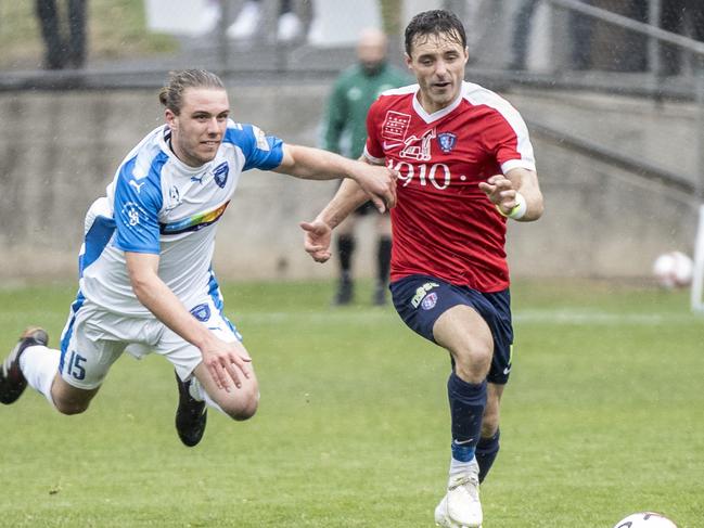 South Hobart’s Ben Hamlett, right, in action against Olympia. Picture: EDDIE SAFARIK