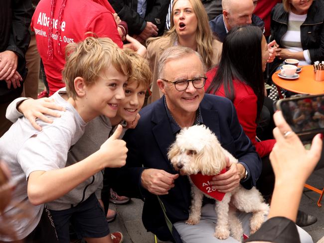 Prime Minister Elect ANTHONY ALBANESE MP has a coffee with his dog Totto and a group of friends and supporters. Picture Chris Pavlich for The Australian