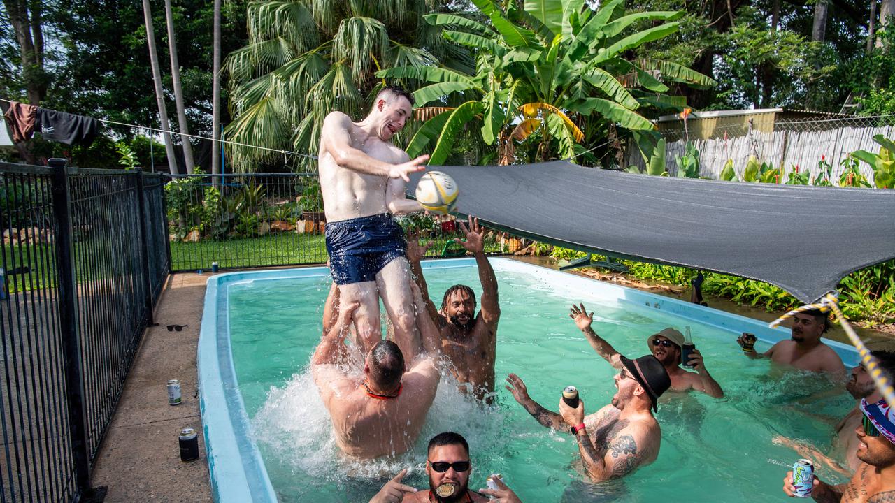 The Casuarina Cougar men were still celebrating hard on Monday following their back to back NTRU A-Grade championship win. Picture: Pema Tamang Pakhrin