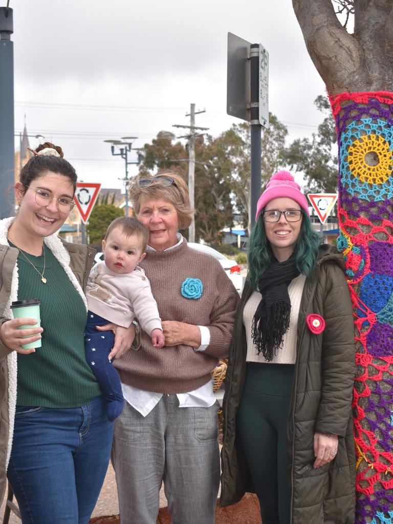 Robyn and Guinevere James, Margaret Ingledew, and Katie Osborn with the tree jumper created by the Bluebird Kitchen and Smokehouse team for this year's Jumpers and Jazz in July festival. Photo Jessica Paul / Warwick Daily News