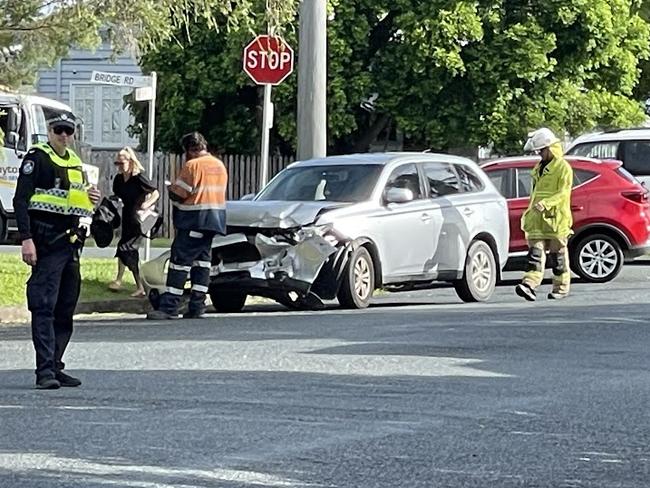 Emergency crews attended to a two vehicle crash at Bridge Rd and Field St in West Mackay on Wednesday, April 17, 2024. Picture: Fergus Gregg