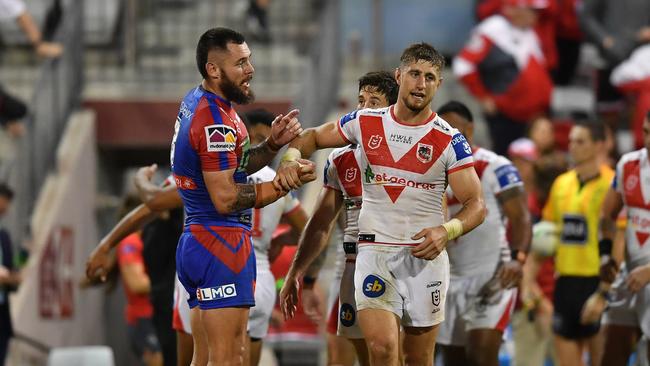 David Klemmer confronts Zac Lomax after the Tyson Frizell incident. Picture: NRL