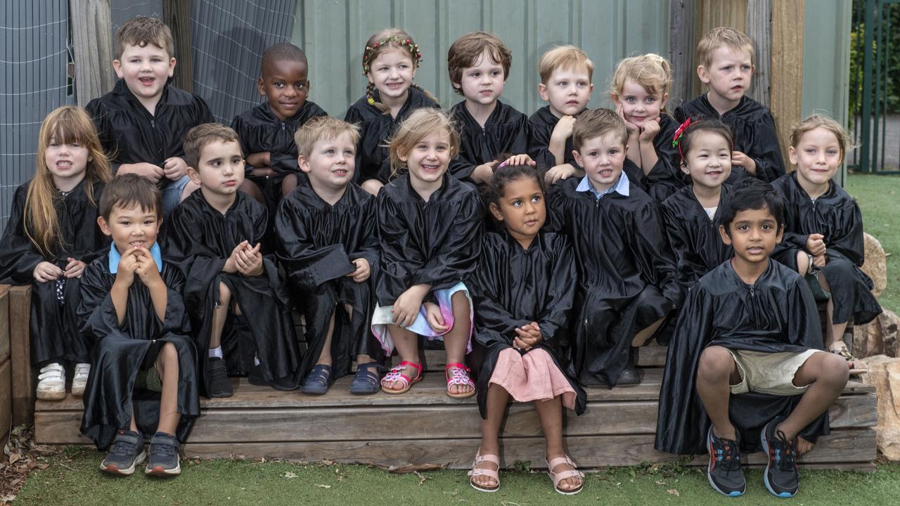 Glenvale World of Learning kindy graduation. (back from left) Thomas Gordon, Faradon Ntareyangoma, Alexis Fuggle, Jonathan Isaacson, Braxton Glover, Indiana Crocker and Thomas Earley. (front from left) Ava Maguire, Luke Lynch, Ryan Simmonds, Lachlan Kelleher, Abygail Maniet, Shykeisha Hooper, Liam Boyd, Liliana Luong, Tanish Pilla and Sylvia Westacott. Friday, December 17, 2021. Picture: Nev Madsen.