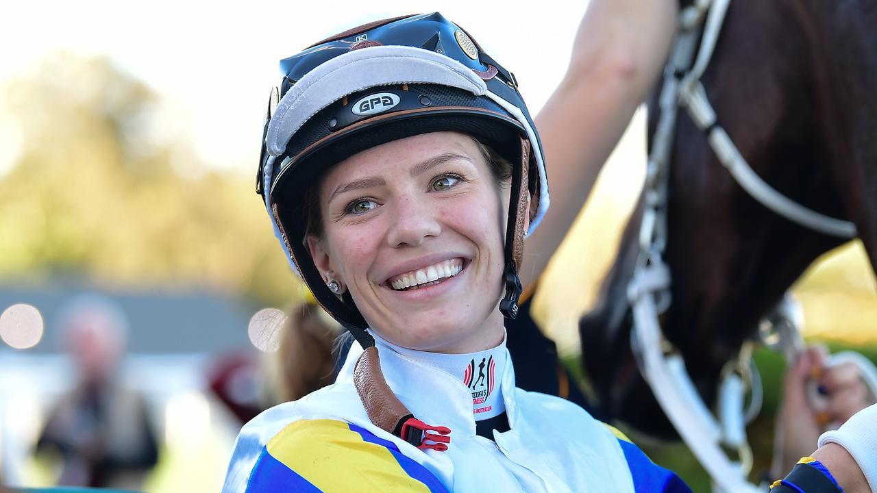 Leading jockey Stephanie Thornton all smiles after riding Happy Go Plucky to win the Ipswich Cup. Picture: Grant Peters/Trackside Photography