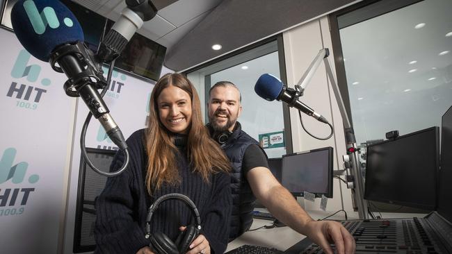 Dan Taylor and Christie Hayes in the studio before they begin their debut on hit100.9 Hobart's breakfast show. Picture: Chris Kidd