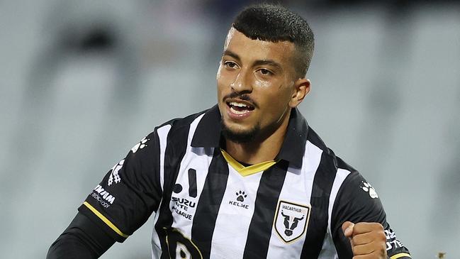 SYDNEY, AUSTRALIA - NOVEMBER 04:  Ali Auglah of the Bulls  celebrates scoring a goal during the A-League Men round three match between Macarthur FC and Western United at Campbelltown Stadium, on November 04, 2023, in Sydney, Australia. (Photo by Mark Metcalfe/Getty Images)