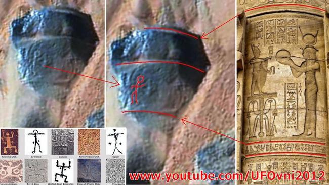 Ancient engravings? Shapes seen in the surface of a Mars rock have been compared with Earth petroglyph engravings. Source: YouTube