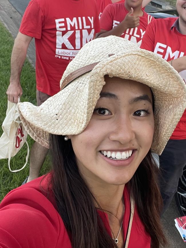 Newly elected Labor councillor for Calamvale, Emily Kim, on the campaign trail. Picture: Facebook